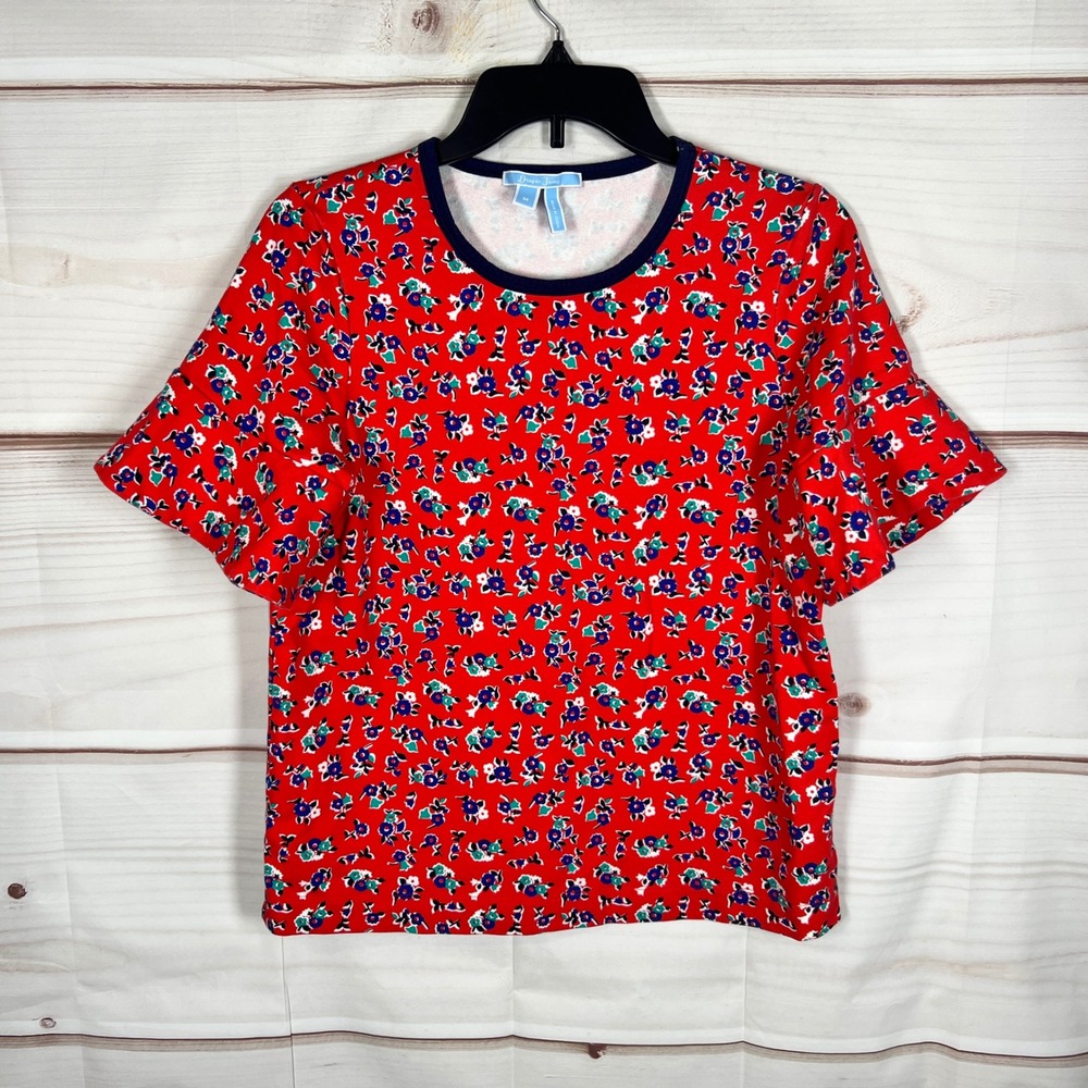 Draper James Ruffle Sleeve Top Womens Medium Red Floral Print Cotton Knit Shirt